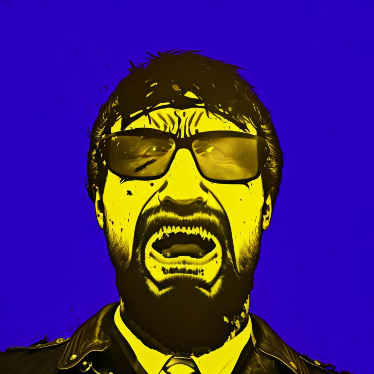 Bearded man in sunglasses screams on blue background with yellow overlays