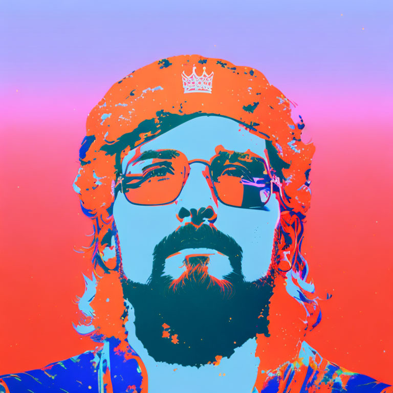 Colorful Pop Art Style Portrait of Bearded Person with Glasses on Gradient Background