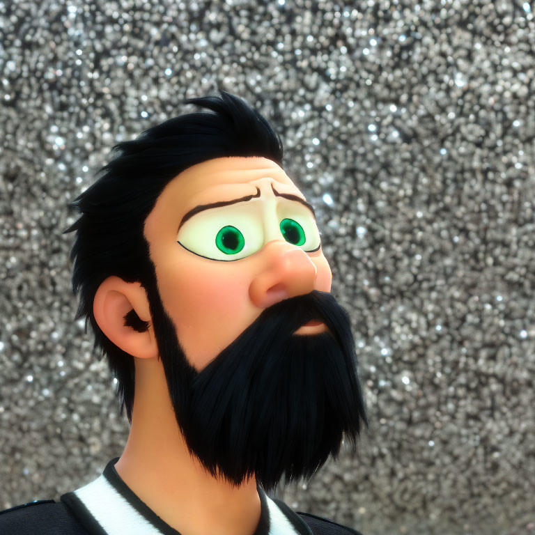 Animated character with black hair and beard in concerned pose on sparkly backdrop