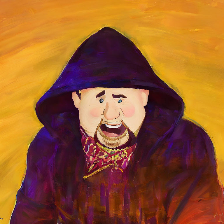 Vibrant painting of figure in purple cloak with golden trim and red garment