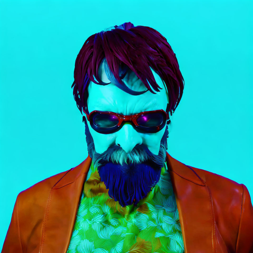 Colorful man with blue beard and red sunglasses on bright turquoise background