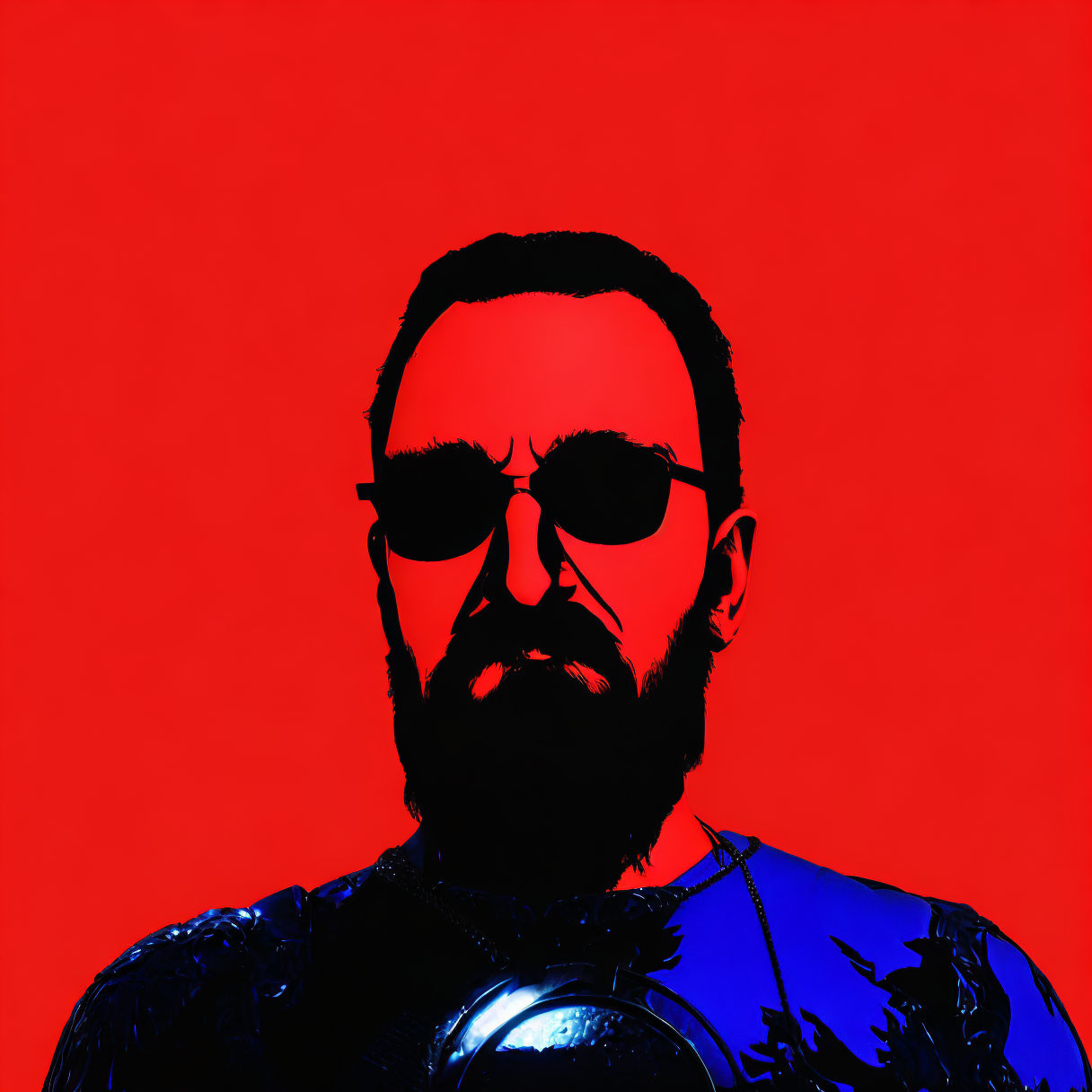 Vibrant portrait of bearded man in sunglasses on red background