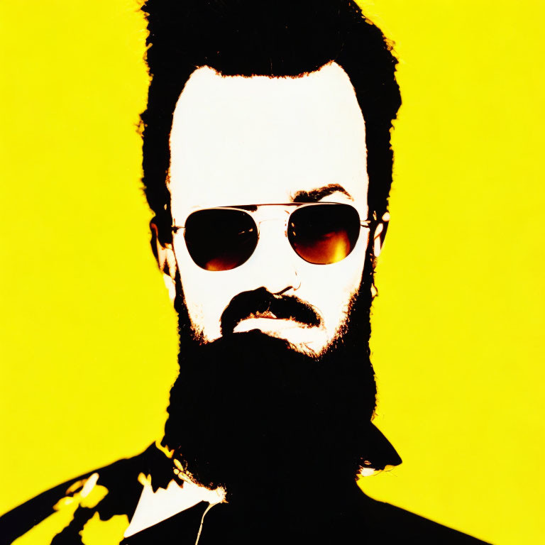 High-Contrast Stylized Portrait of Bearded Man in Sunglasses on Yellow Background