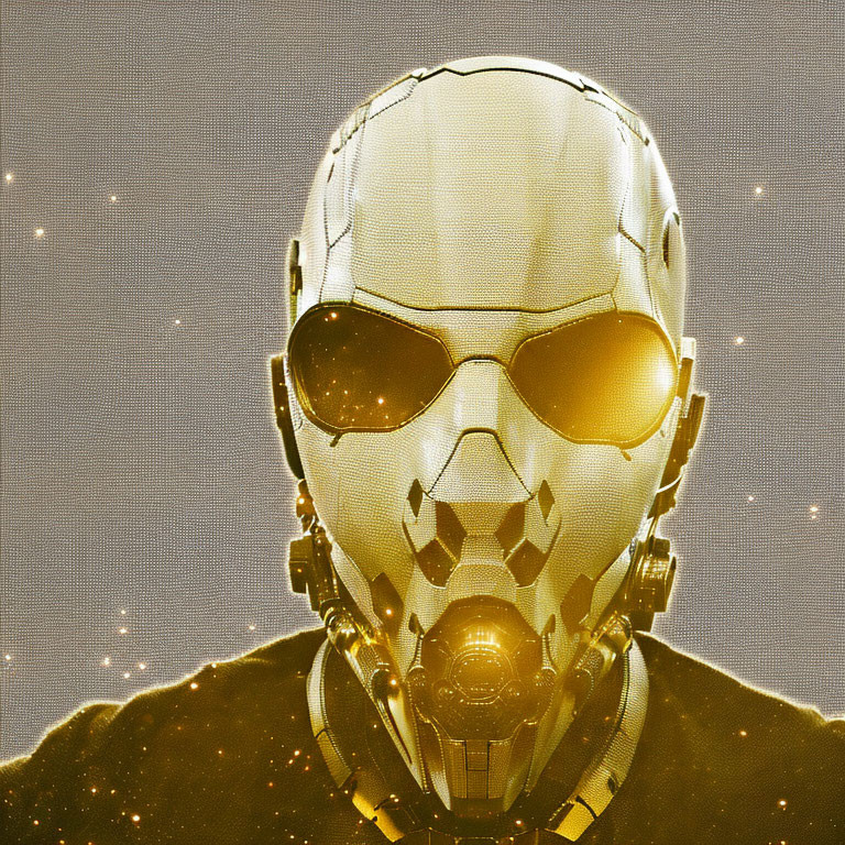 Shiny golden robotic head on starry backdrop