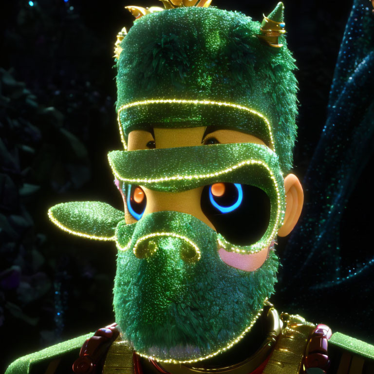 Detailed 3D animated character with green skin and eye mask on dark background