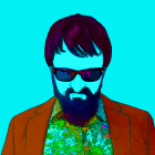 Colorful man with blue beard and red sunglasses on bright turquoise background