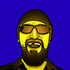 Bearded man in sunglasses screams on blue background with yellow overlays