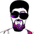 Monochrome illustration of a bearded person in sunglasses with purple details