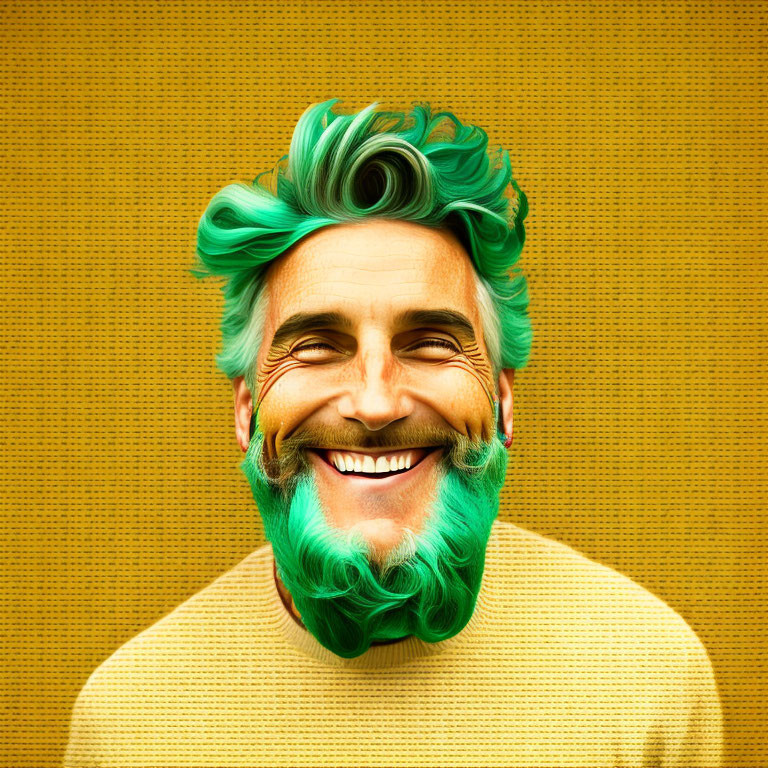 Man with vibrant green hair and beard on textured yellow background