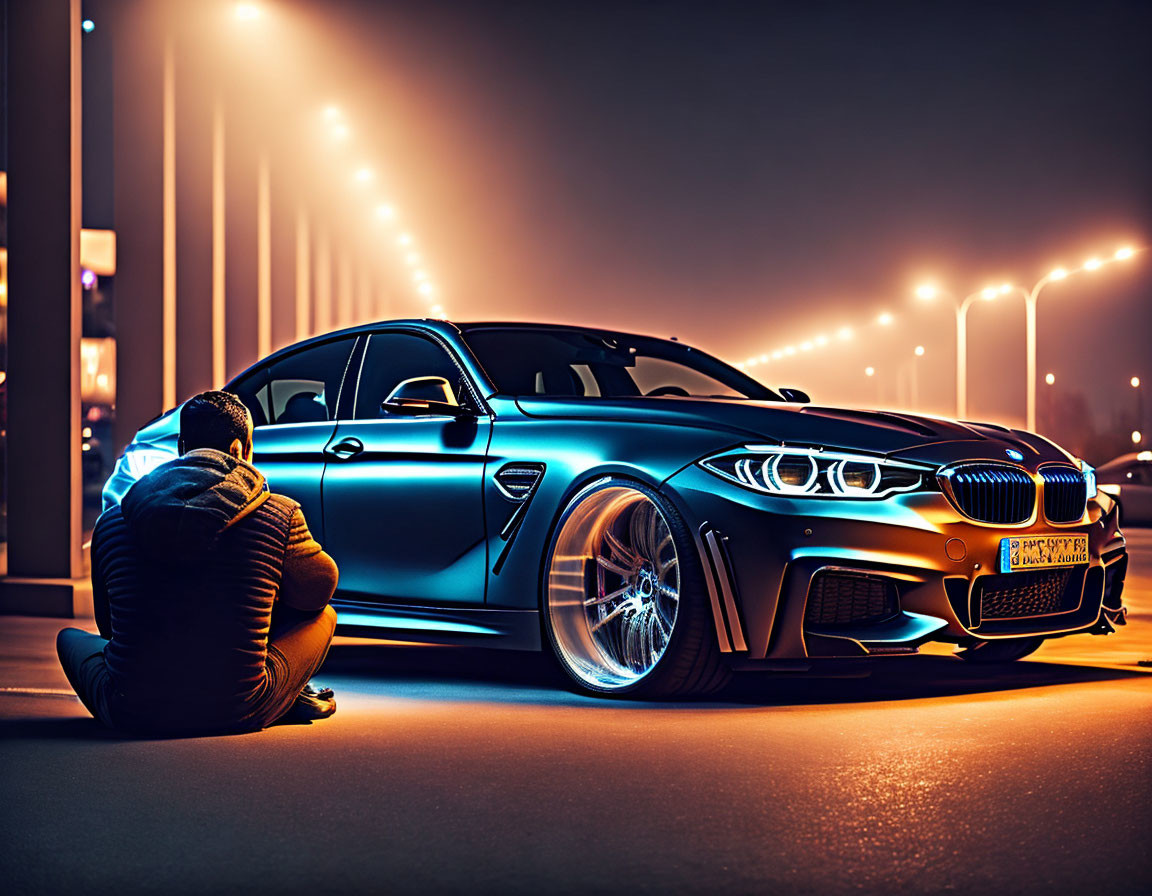 Crouching figure by blue sports car in city night scene