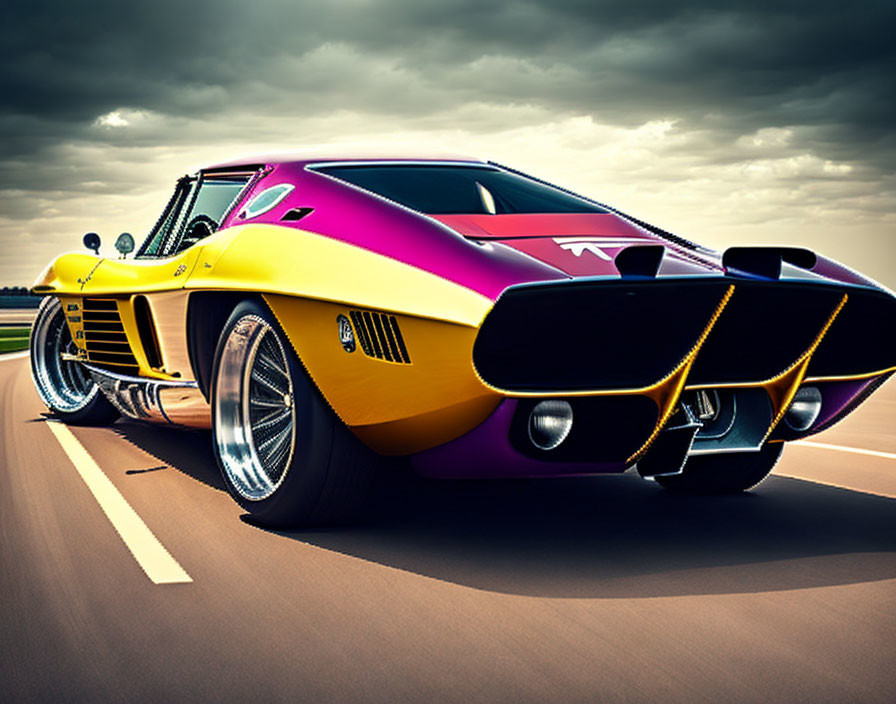 Stylized classic muscle car in purple to yellow gradient paint, with exaggerated proportions and chrome details on