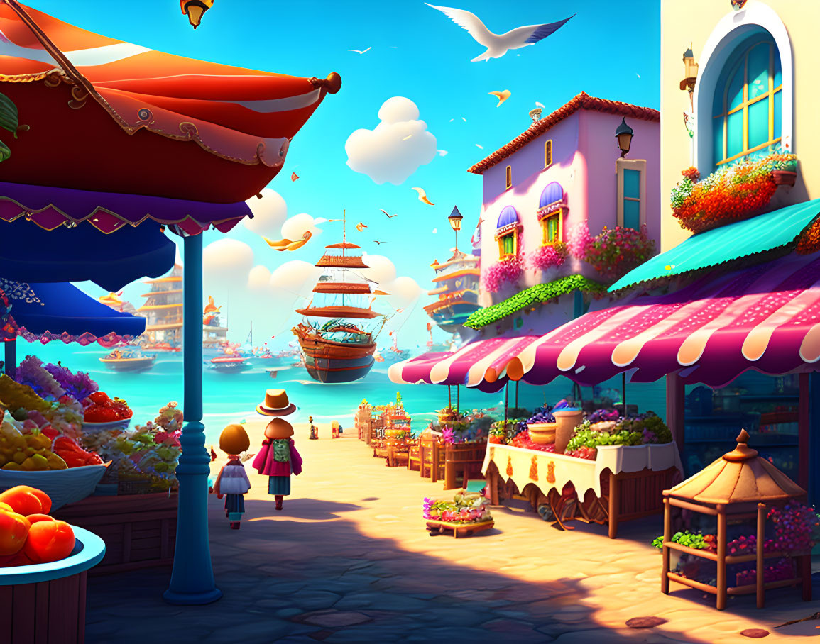 Colorful coastal market scene with stalls, galleon, people, and birds in clear sky