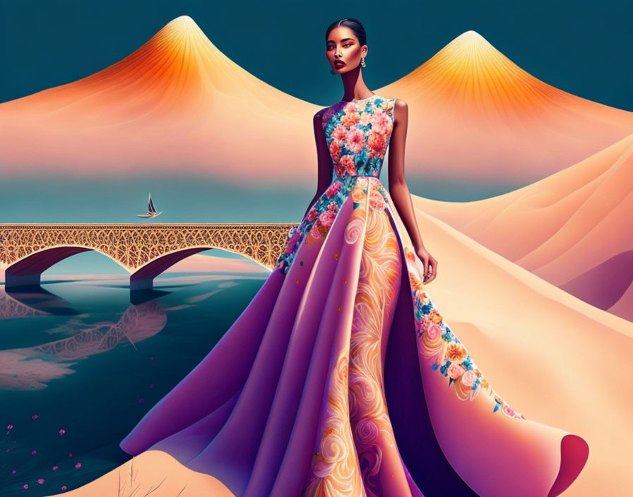 Illustrated woman in floral dress blending into sunset landscape with bridge and dunes