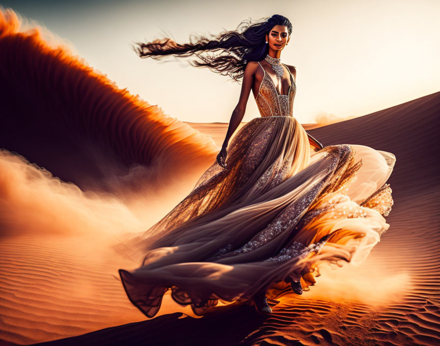 Woman in golden dress walking in desert landscape