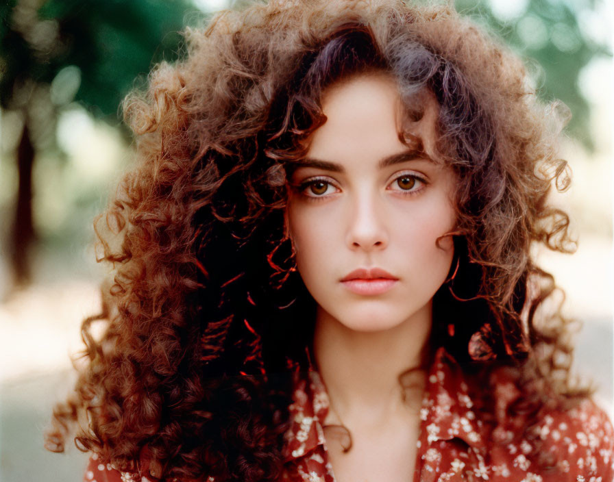 Young woman with curly hair in floral outfit poses in natural setting