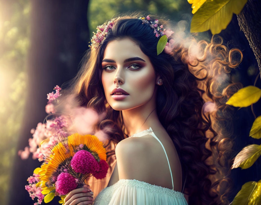 Curly-haired woman with floral wreath in sunlit forest with pink flowers and autumn leaves.