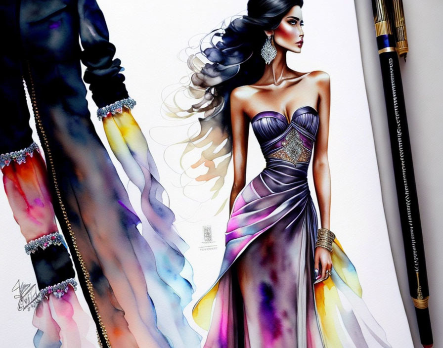 Colorful Artwork Featuring Woman in Flowing Gown and Art Supplies