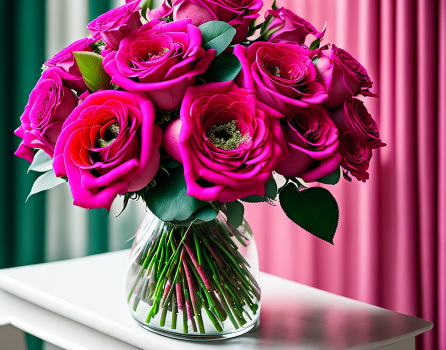 Pink Roses Bouquet in Clear Vase on White Surface with Green Drapery