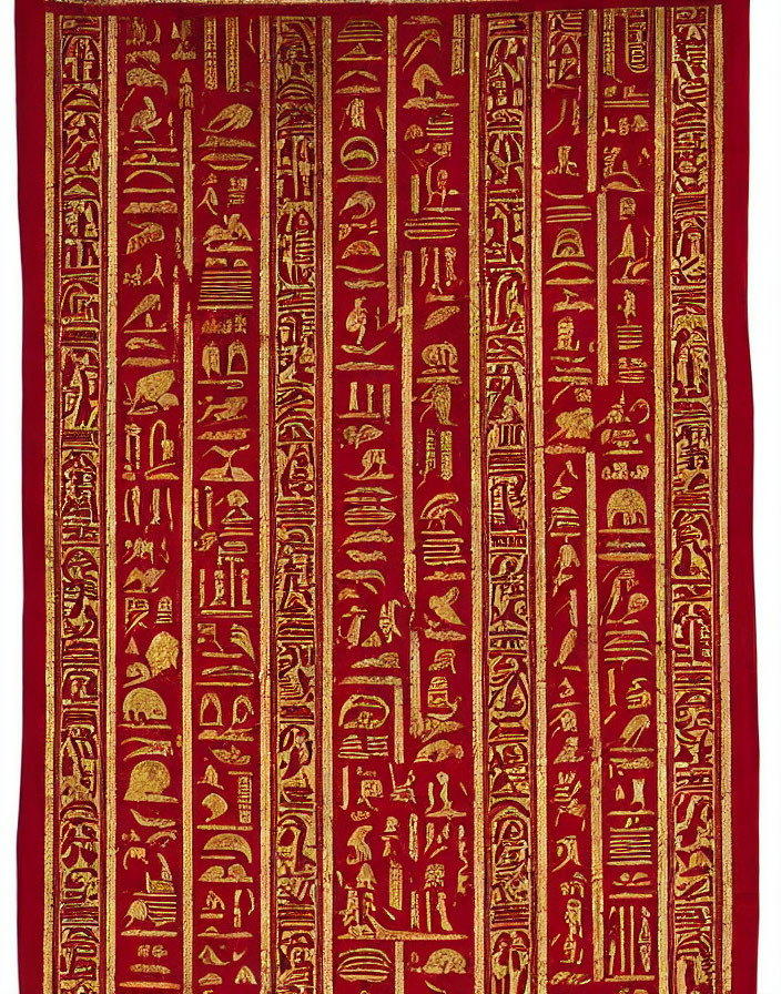 Red and Gold Fabric with Ancient Egyptian Hieroglyphs and Symbols