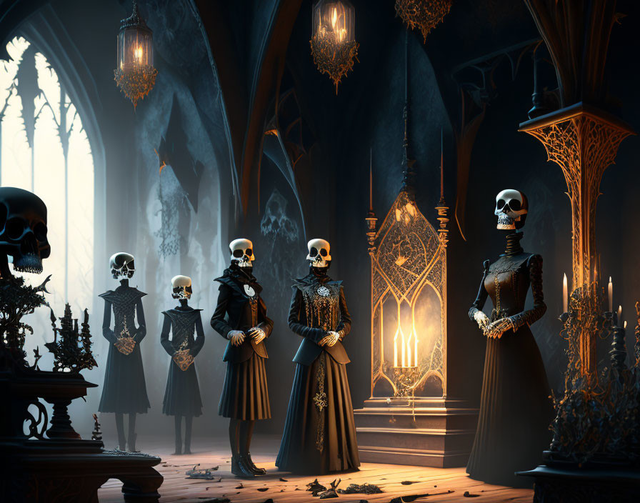 Regal skeleton figures in ornate gothic hall