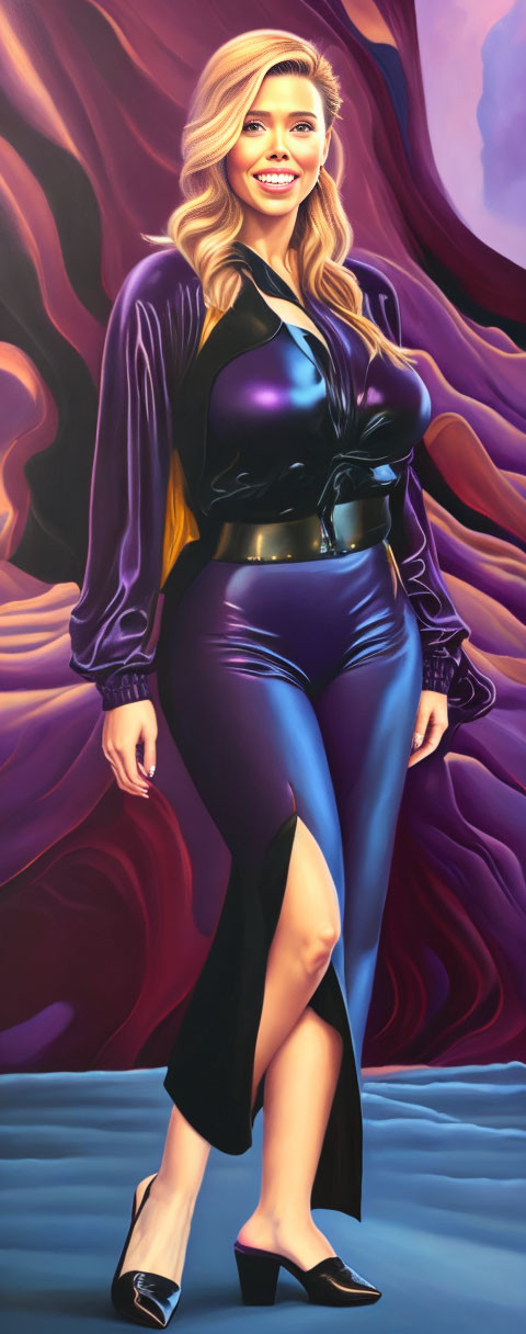 Smiling woman in purple blouse and blue trousers against swirling backdrop