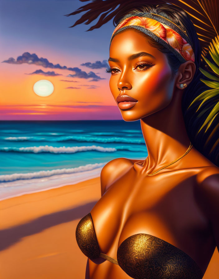 Vibrant sunset beach illustration of woman with headband