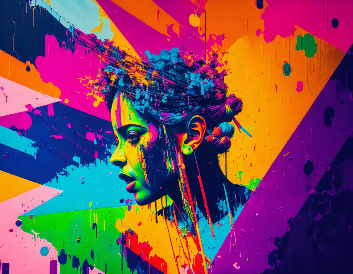 Colorful Abstract Art: Woman's Profile with Vibrant Splashes & Geometric Shapes