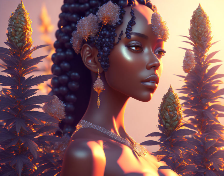 Digital artwork of woman with braided hair and jewelry in amber-tinted plant setting