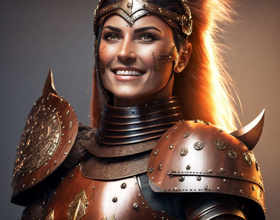 Smiling woman in ornate medieval armor with gold accents and winged helmet on warm-toned background