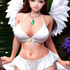 Person with White Angel Wings in White Bikini Surrounded by Lush Greenery