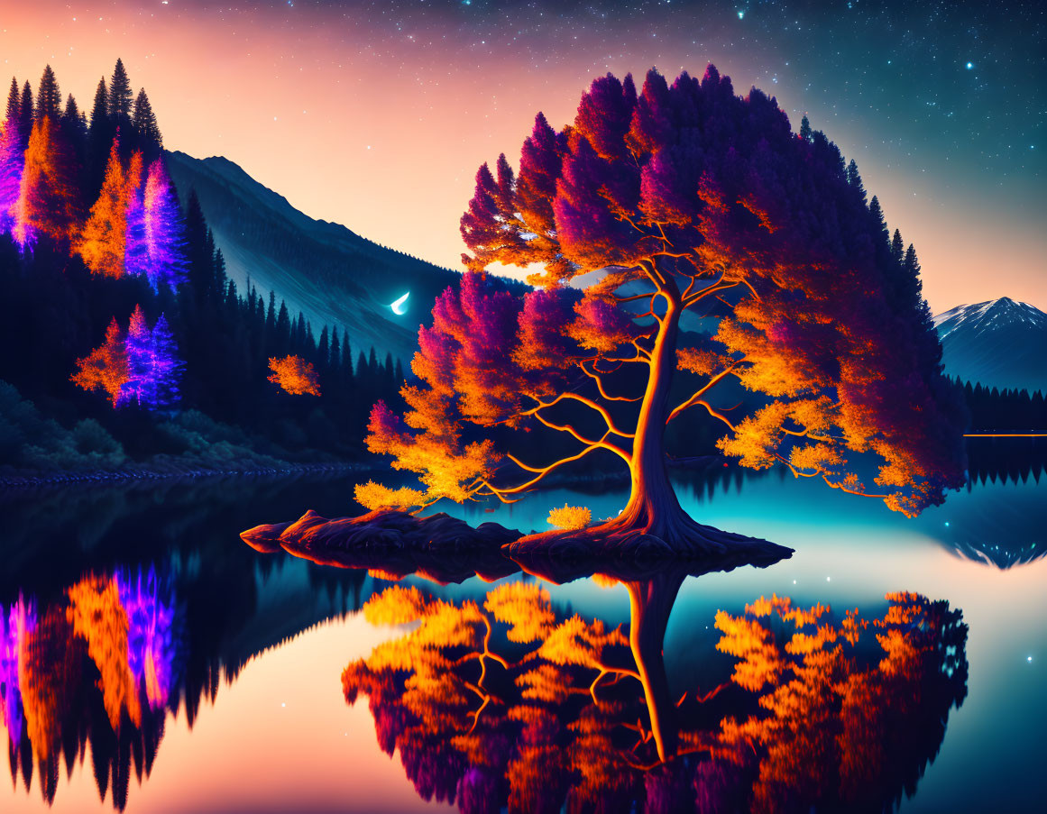 Vibrant lakeside scene with orange tree foliage, twilight sky, stars, and illuminated trees