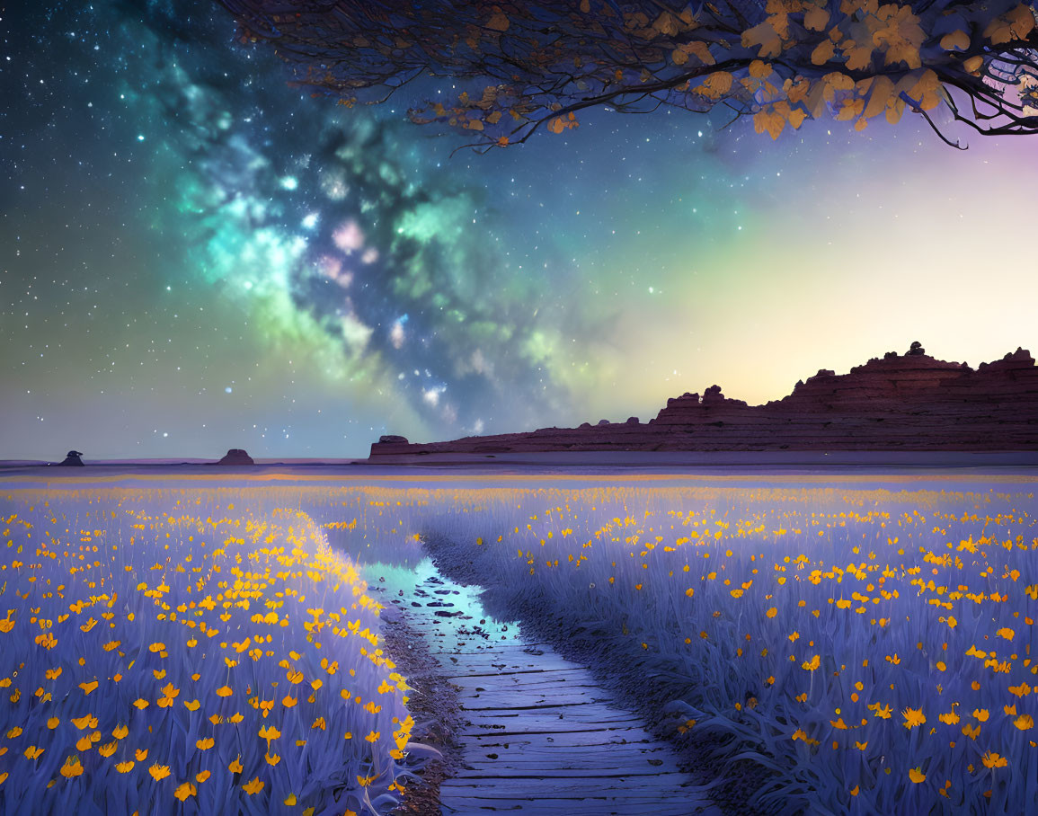 Wooden Path Through Field of Yellow Flowers Under Night Sky with Aurora Borealis