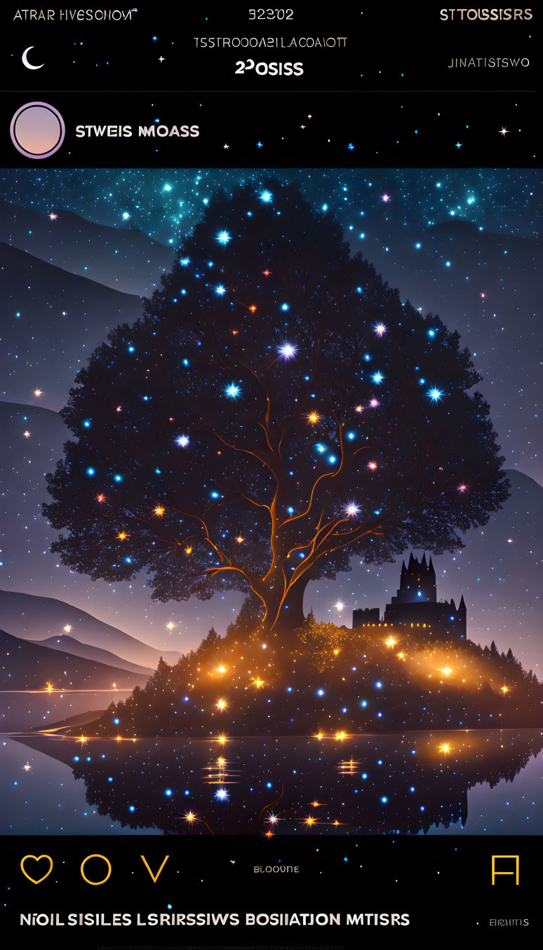 Glowing tree with star-like leaves near lake, castle silhouette, mountains under starry sky