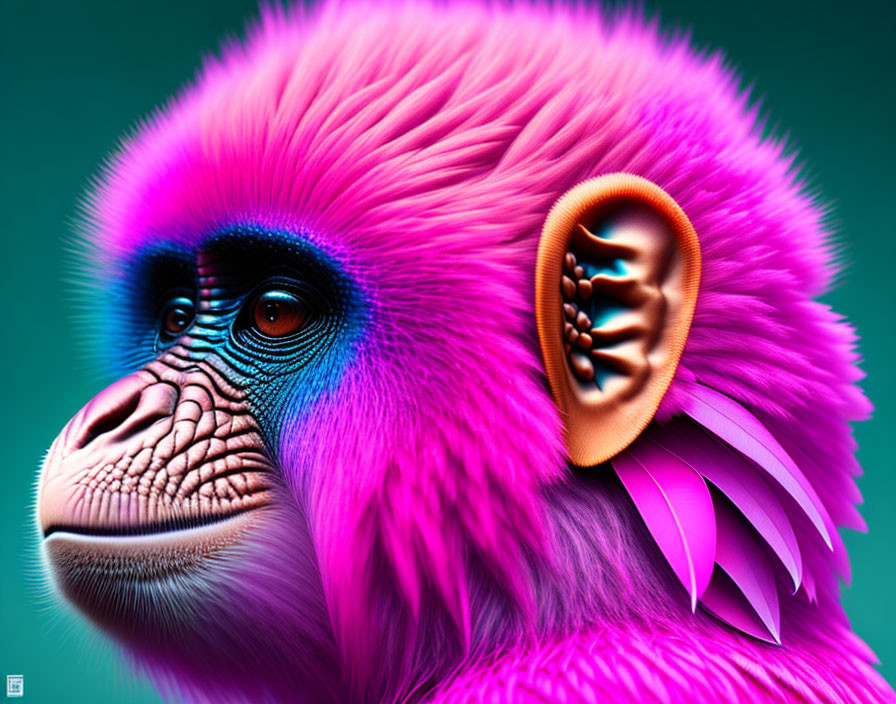 Digitally altered monkey with pink fur, blue features, and green background