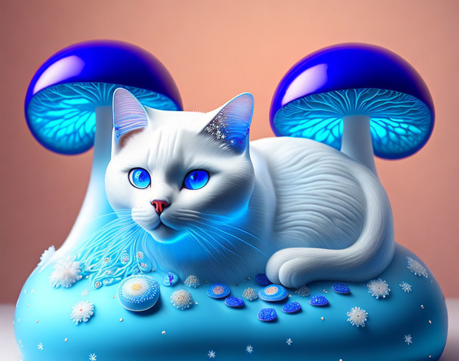 Surreal white cat illustration with blue eyes and mushrooms