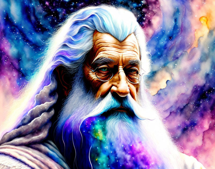 Elderly man with wise expression against cosmic backdrop