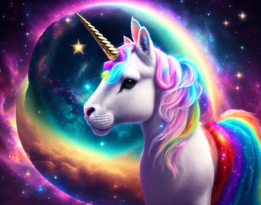 Colorful Unicorn with Golden Horn in Cosmic Setting