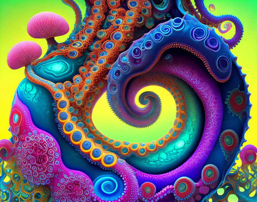 Colorful Psychedelic Octopus Artwork on Yellow-Green Background