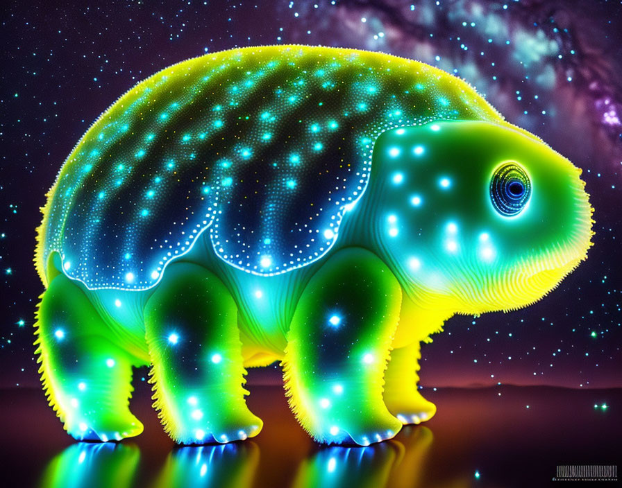 Colorful Neon Tortoise with Swirling Eye on Starry Night Sky