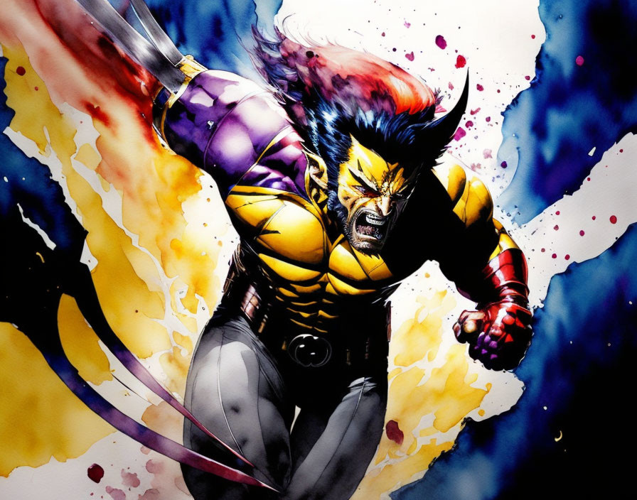 Dynamic Wolverine Illustration with Extended Claws on Colorful Background