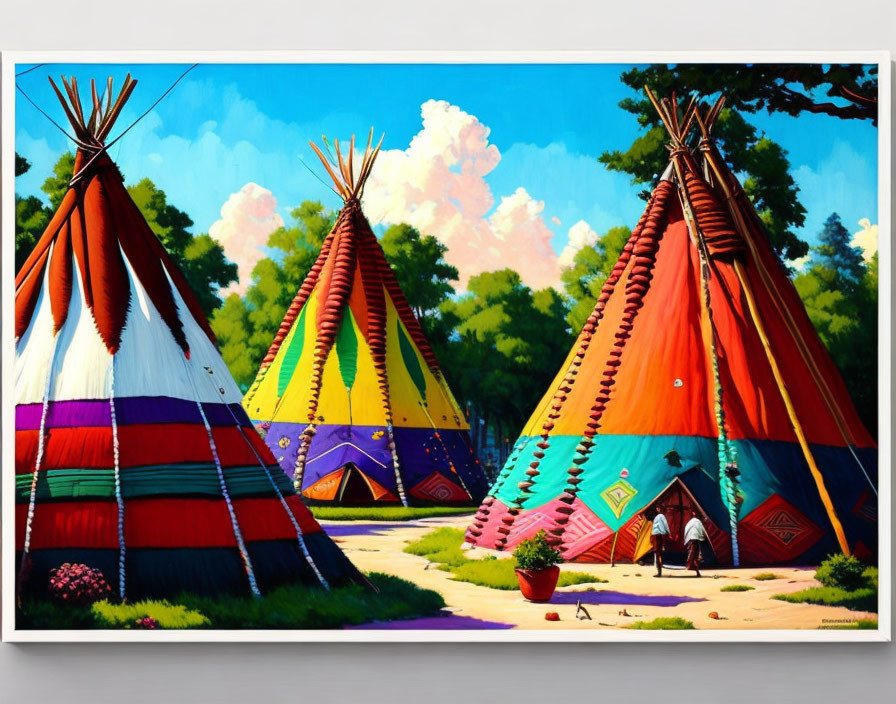 Colorful Teepees with Intricate Designs Against Blue Sky