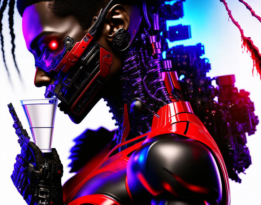 Cyborg with Glowing Red Eye in Dark Metallic Cityscape