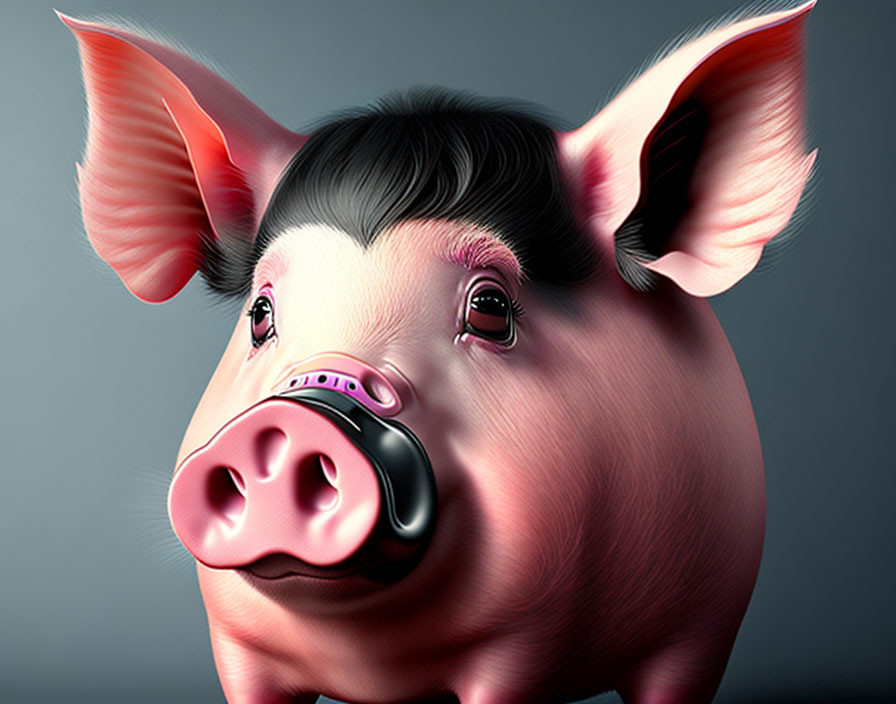 Cartoonish pig with pink ears and expressive eyes on grey background