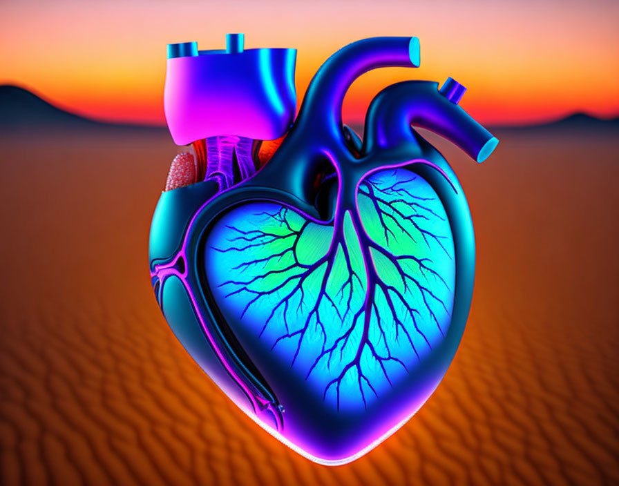 Digital image: Human heart with veins on desert sunset background