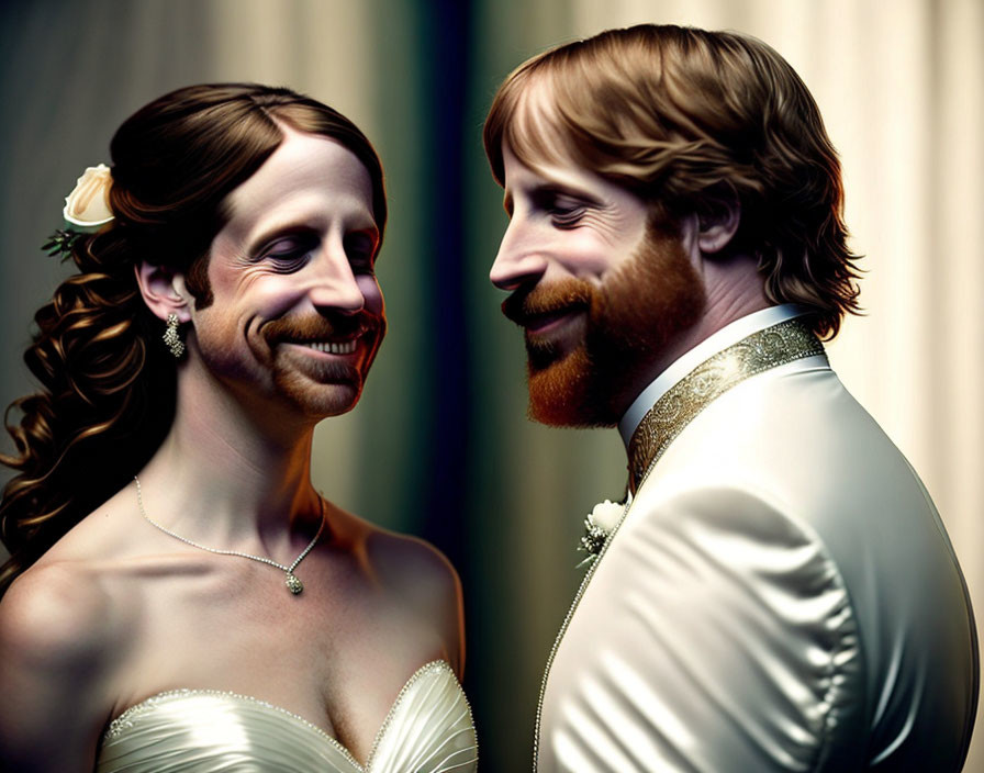 Digital caricature of smiling wedding couple in exaggerated features