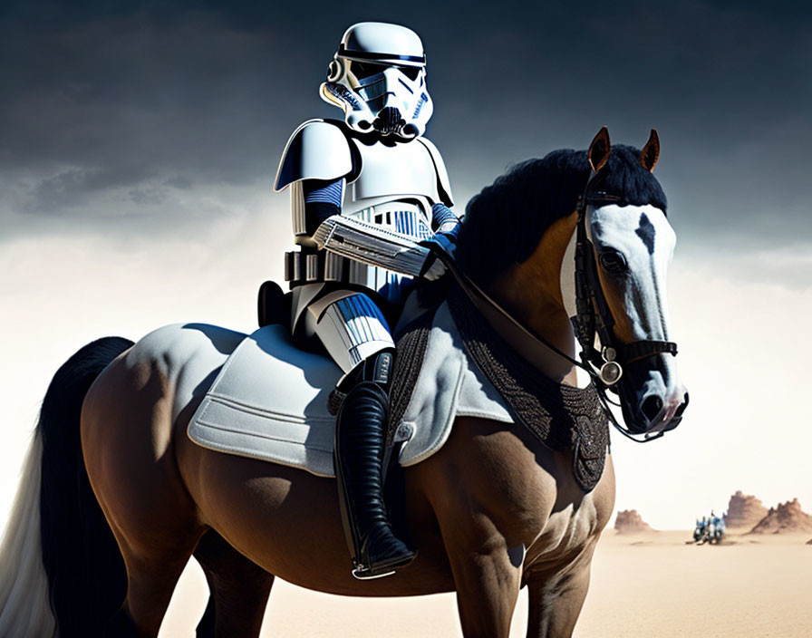 White-armored Star Wars trooper on horseback in desert scene with another trooper.