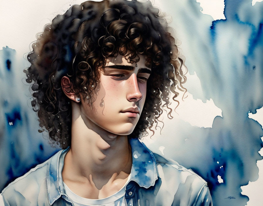 Young person with curly hair and tears, thoughtful expression, against blue and white background.