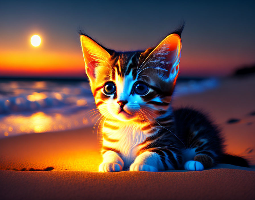 Sunset beach scene: curious kitten under warm glow