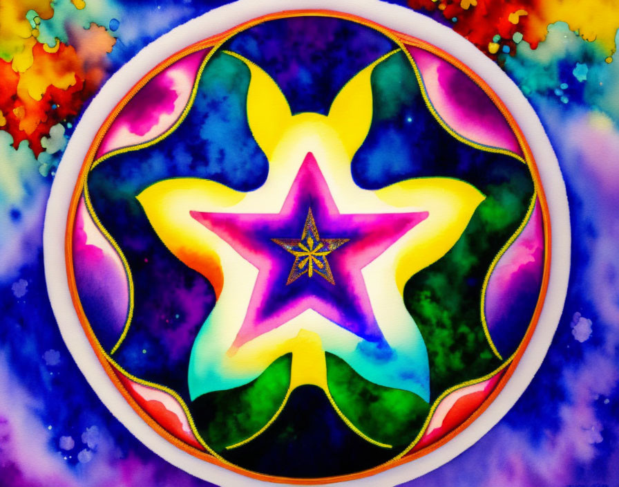 Colorful Symmetrical Star Mandala on Tie-Dye Background