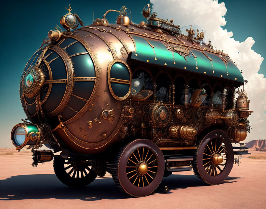 Steampunk-style vehicle with bronze details in desert landscape